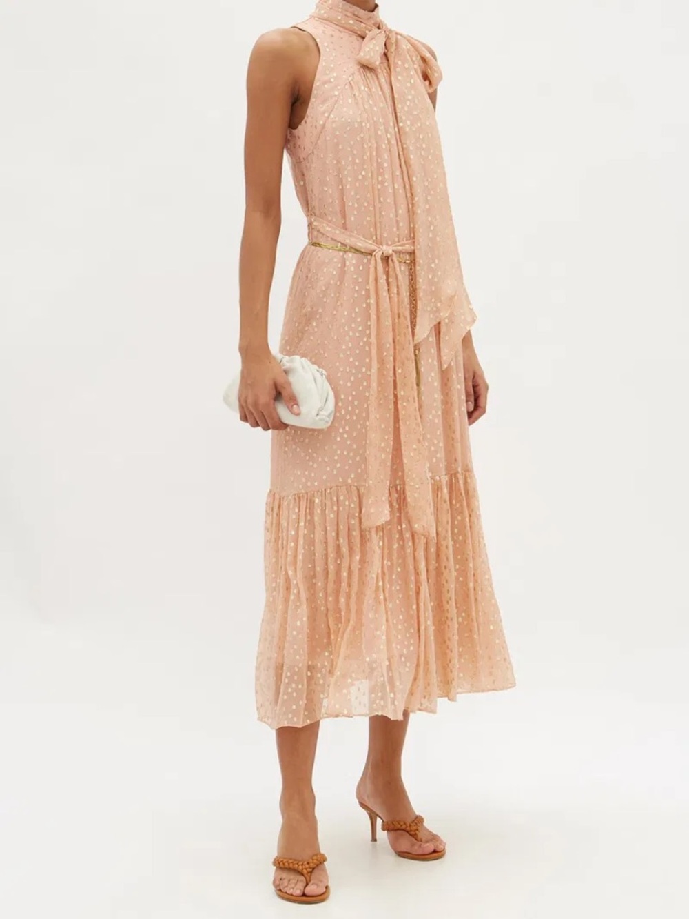 Zimmermann Metallic Blush Pink Fil Coupe Tie-Neck Midi Dress